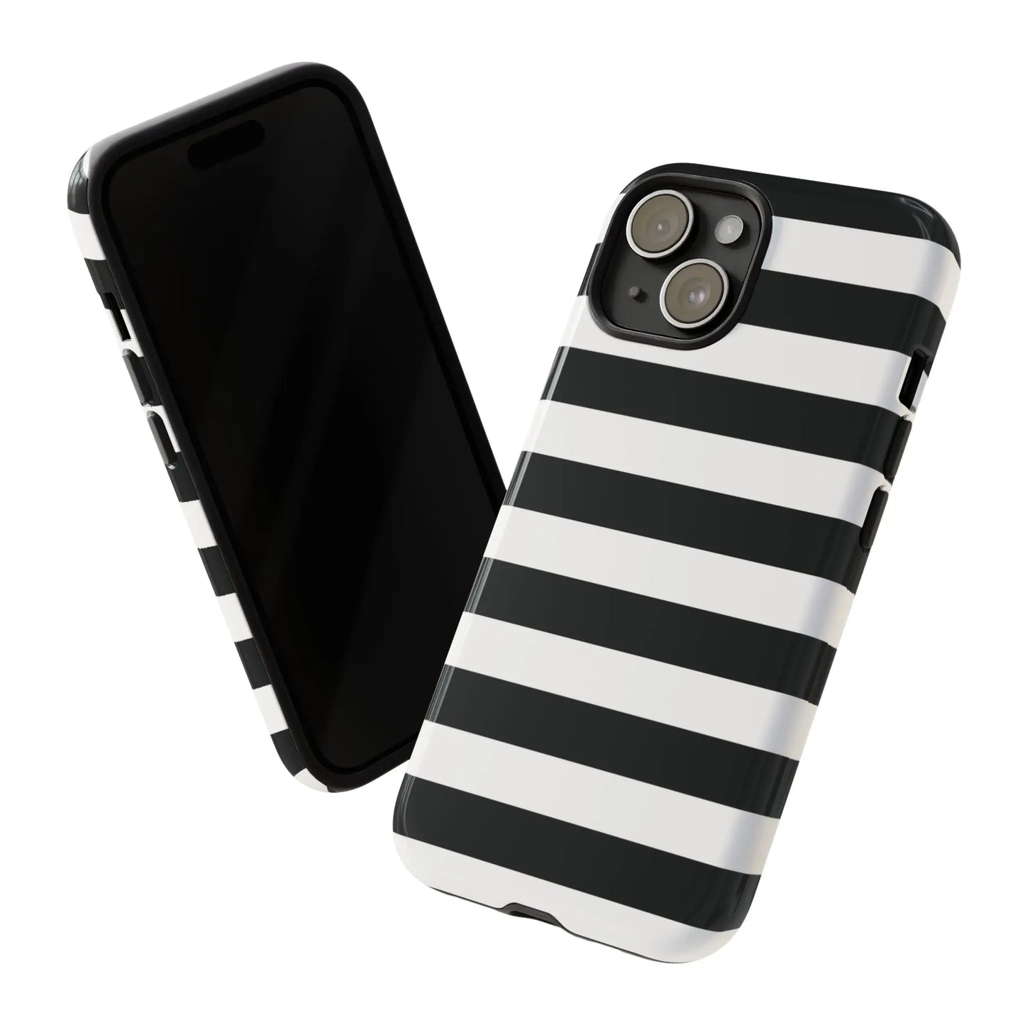 Black white stripe phone case with glossy finish shown from the back for iphone samsung s and google pixel phones