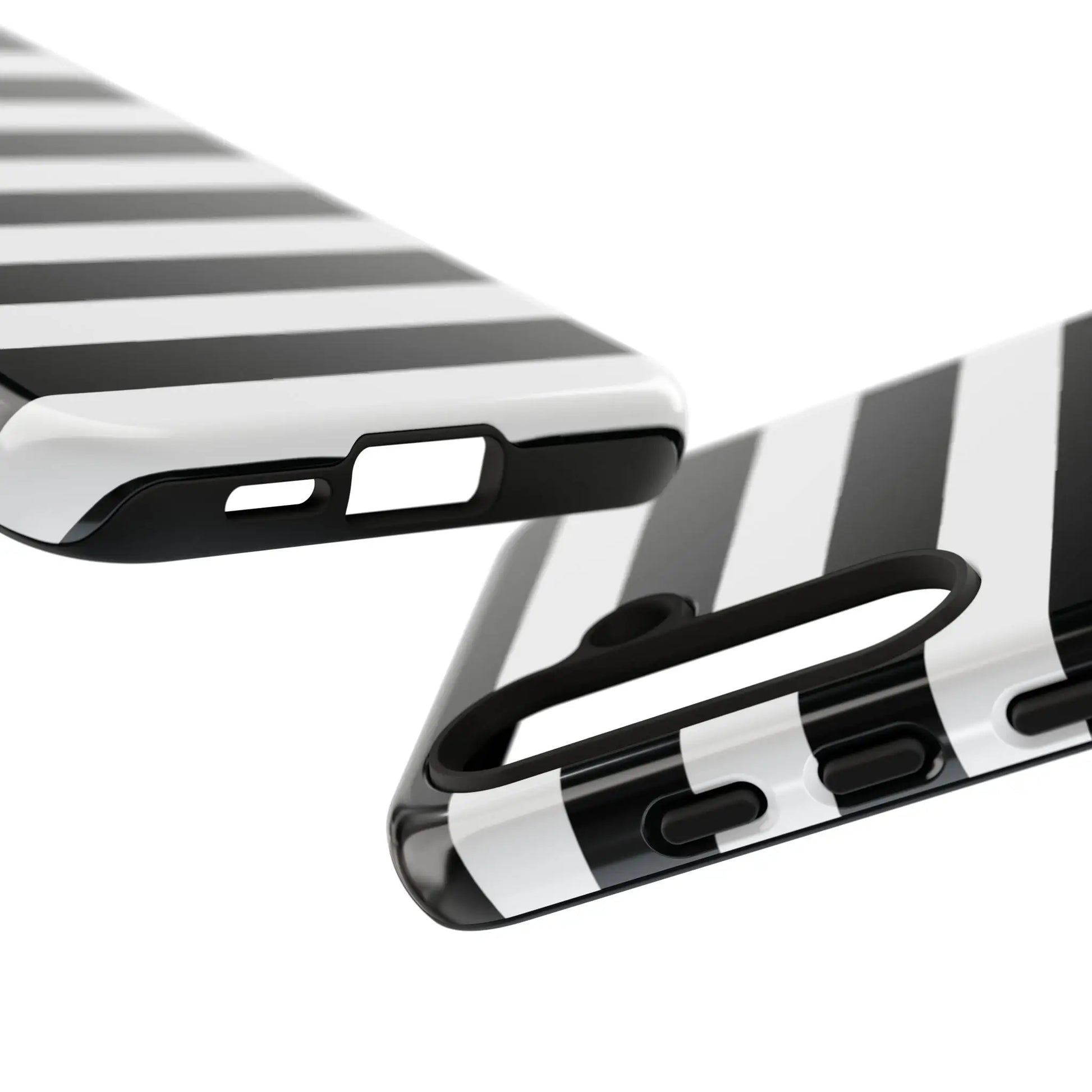 Back side of a black white stripe glossy phone case for iphone samsung s and google pixel phones