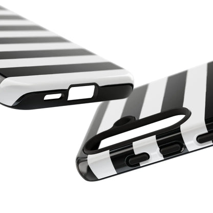 Back side of a black white stripe glossy phone case for iphone samsung s and google pixel phones
