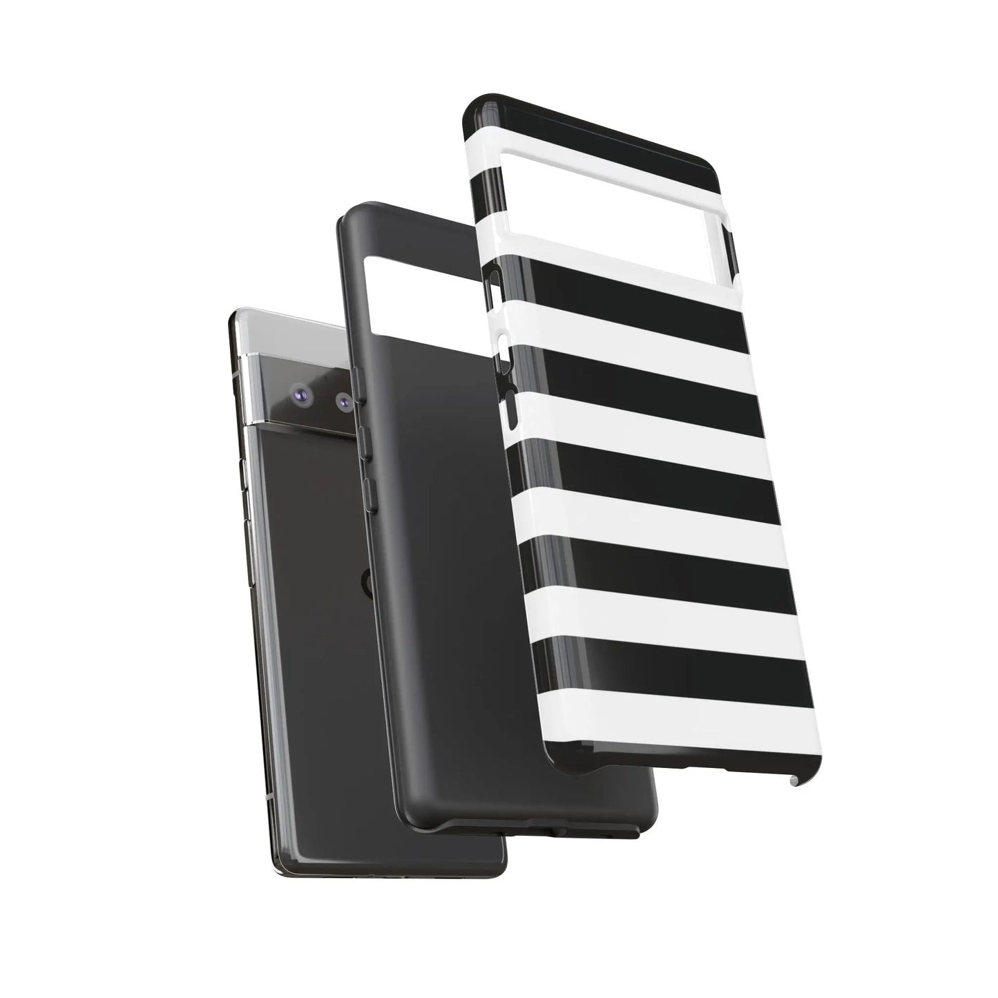 Back side of a black white stripe phone case with glossy finish compatible with iphone samsung s and google pixel phones