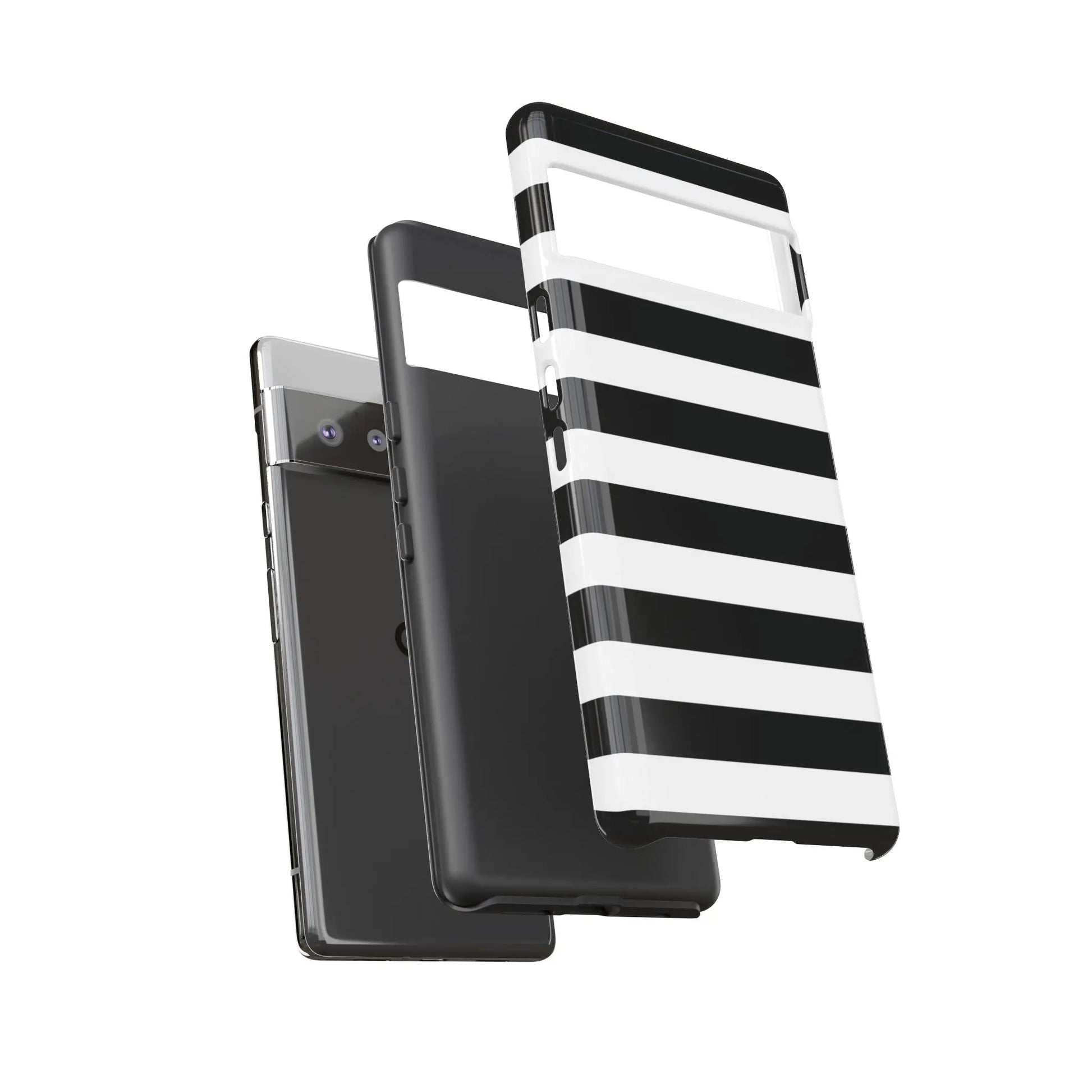 Back side of a black white stripe phone case with glossy finish compatible with iphone samsung s and google pixel phones