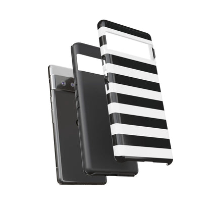 Back side of a black white stripe phone case with glossy finish compatible with iphone samsung s and google pixel phones