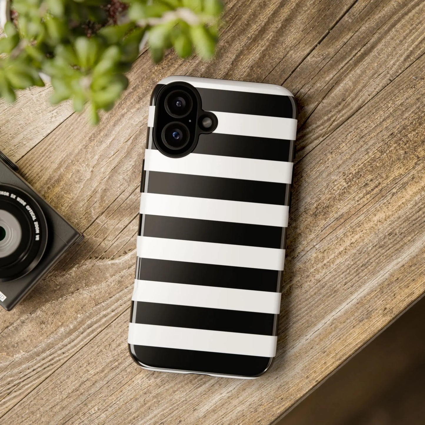 Black white stripe phone case with glossy finish showing back side for iphone samsung s and google pixel phones