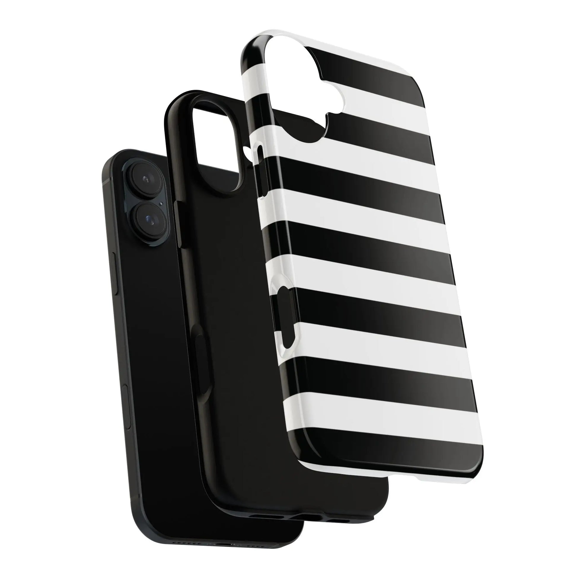 Black white stripe phone case with a glossy finish showing the back side for iphone samsung s and google pixel phones