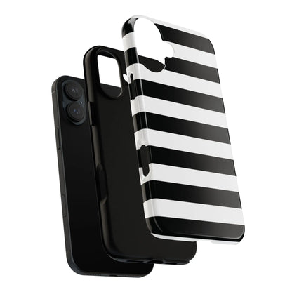 Black white stripe phone case with a glossy finish showing the back side for iphone samsung s and google pixel phones