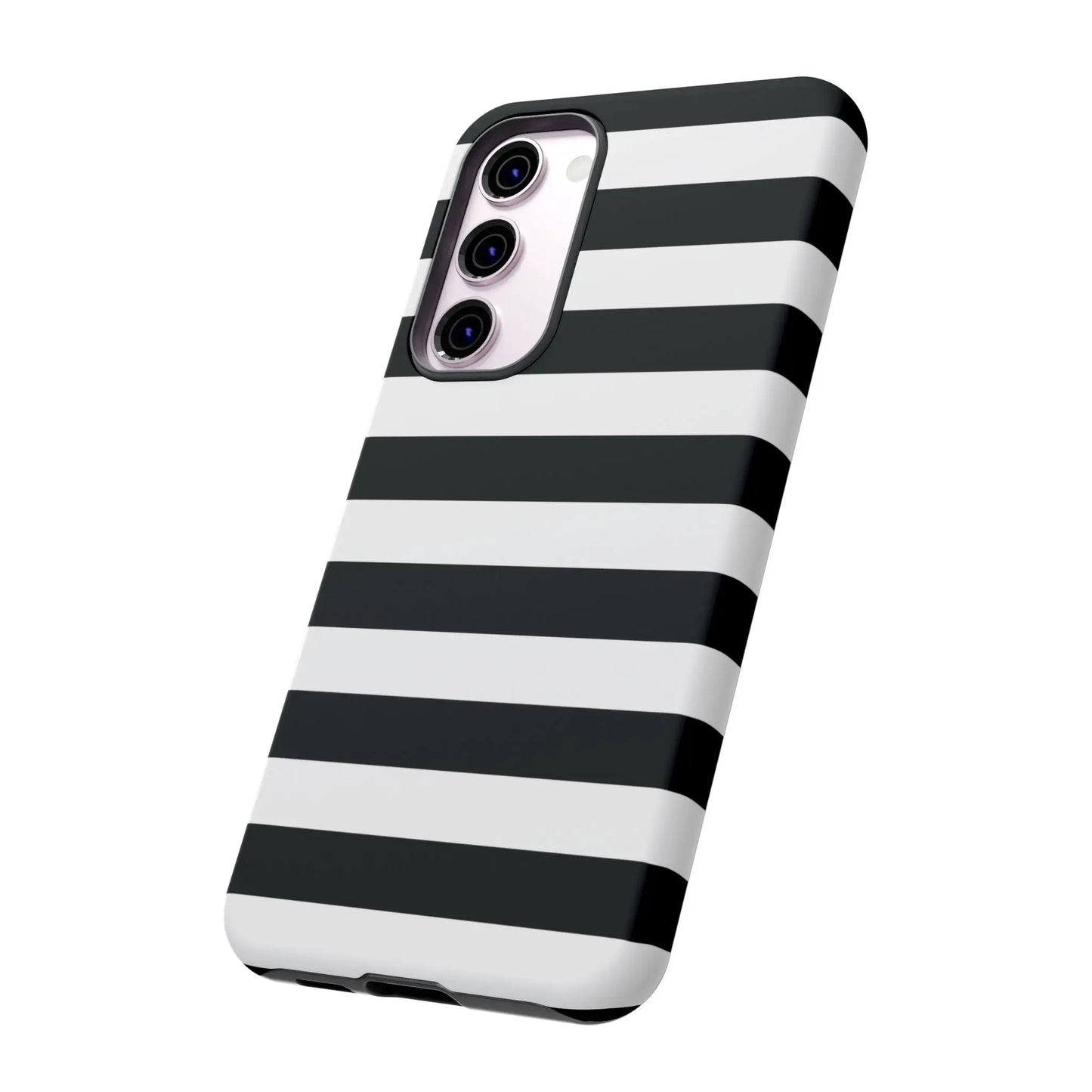 Black white stripe phone case with sleek modern design shown from the back for iphone samsung s google pixel phones