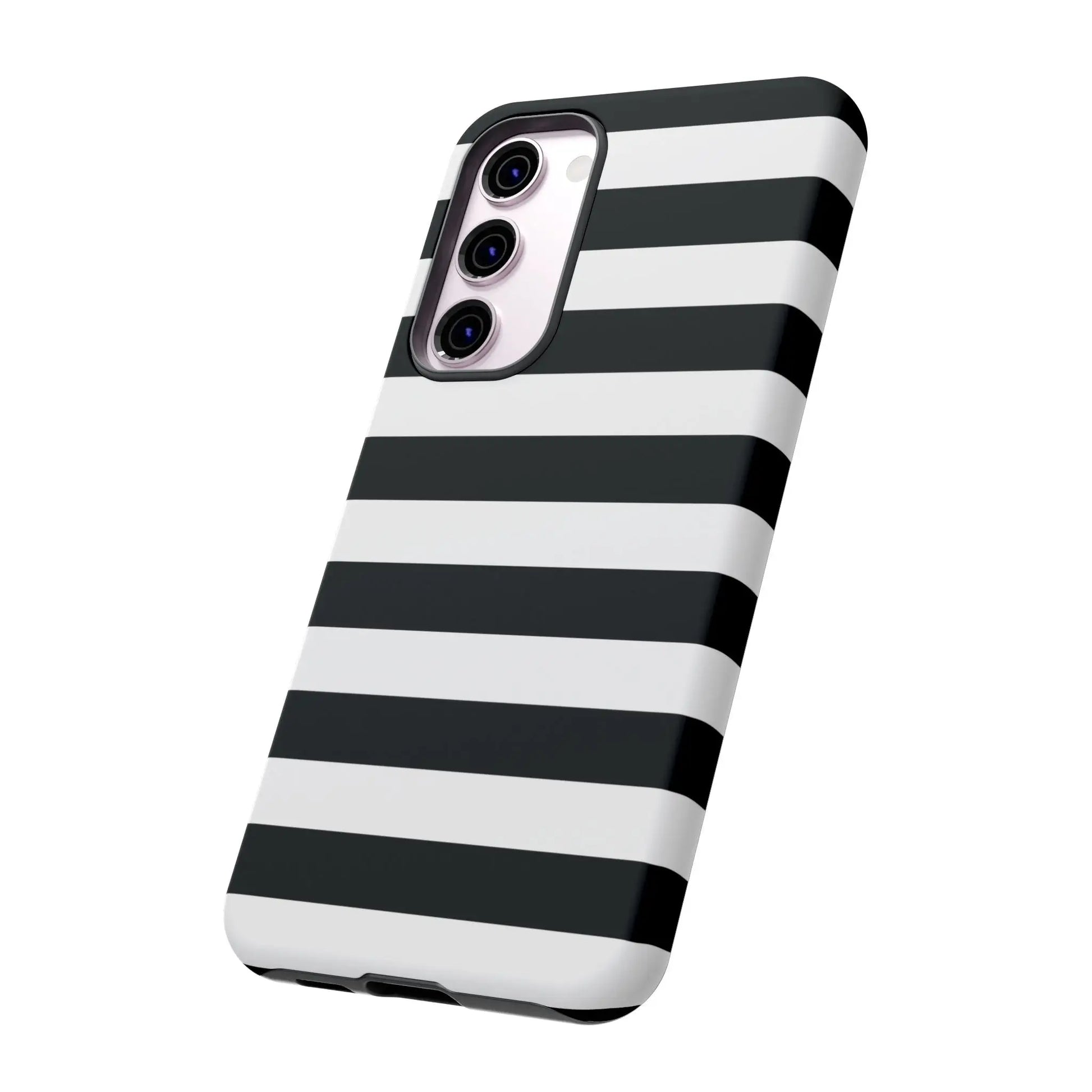 Black white stripe phone case with sleek modern design shown from the back for iphone samsung s google pixel phones