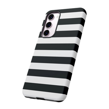 Black white stripe phone case with sleek modern design shown from the back for iphone samsung s google pixel phones