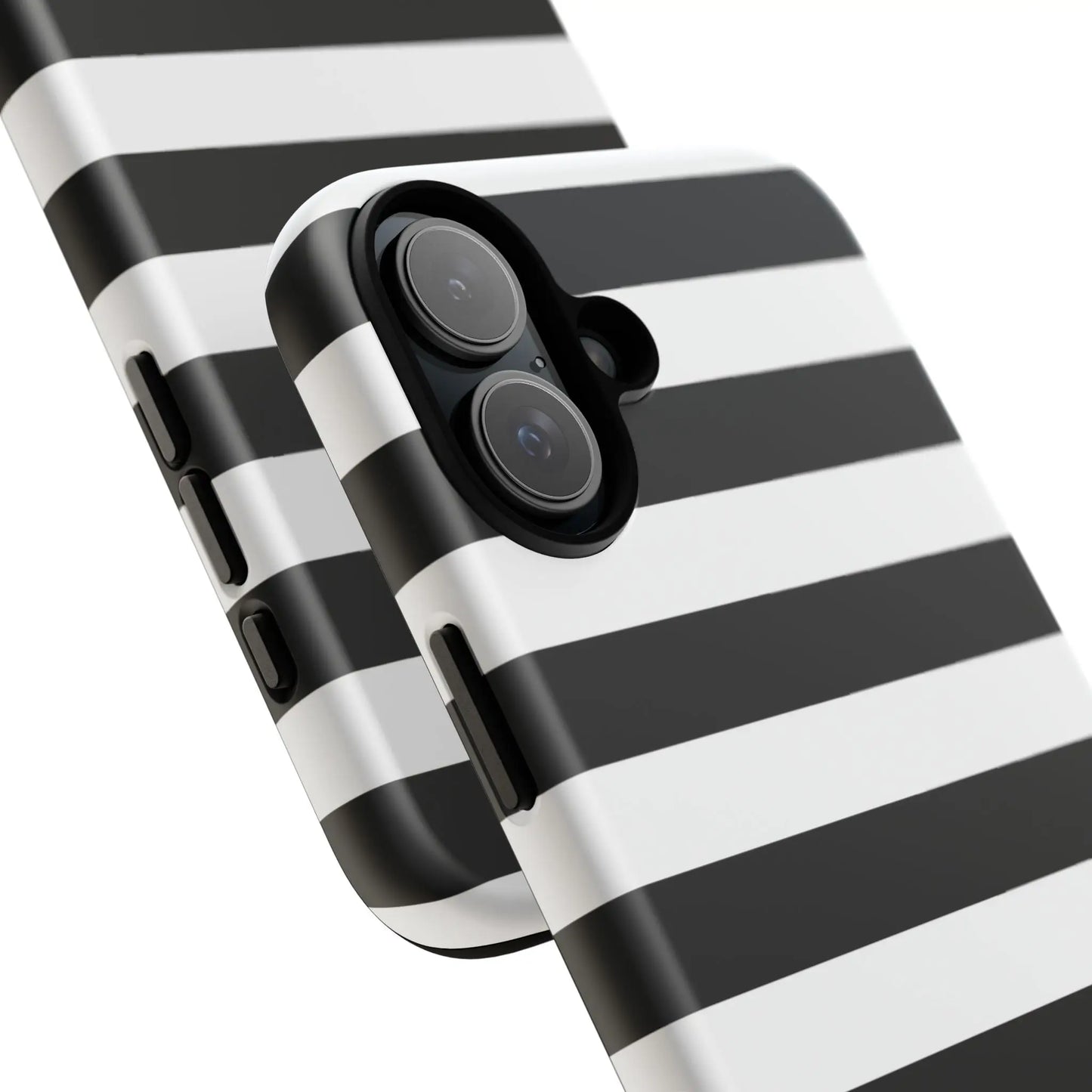 Back view of a black white stripe phone case with a sleek modern design for iphone samsung and google pixel phones