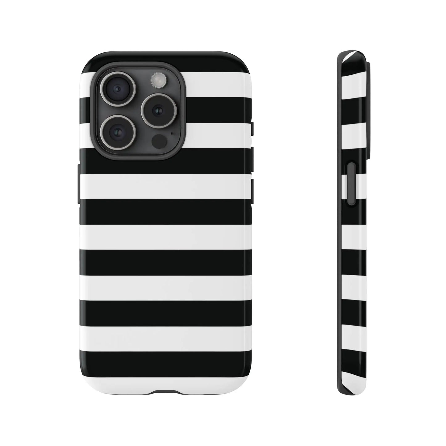 Black white stripe phone case for iphone samsung and google pixel with bold horizontal stripes shown from the back side