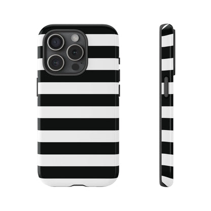 Black white stripe phone case for iphone samsung and google pixel with bold horizontal stripes shown from the back side
