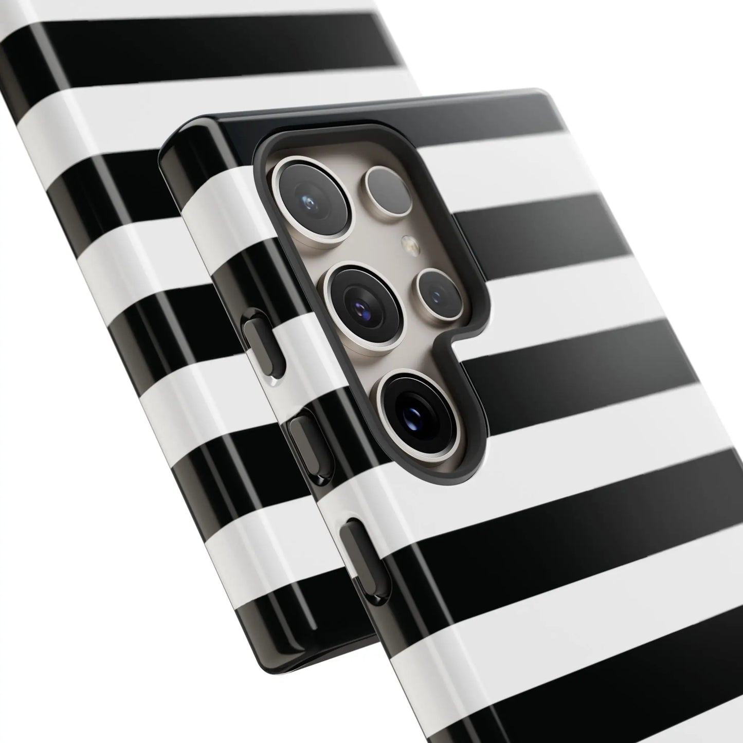 Black white stripe phone case for iphone samsung and google pixel phones with sleek glossy finish on back side