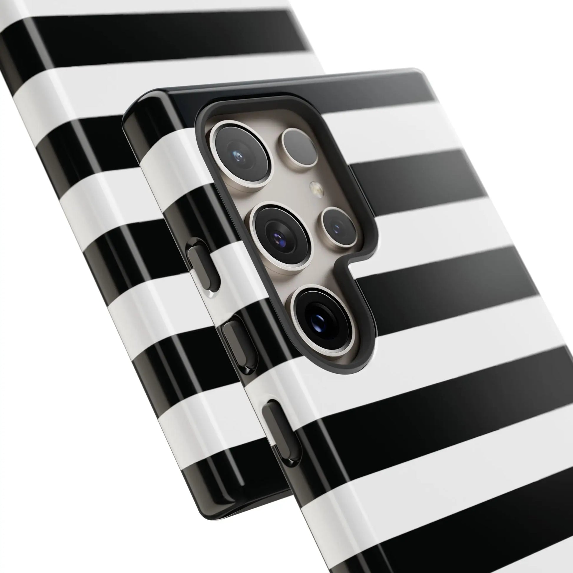 Black white stripe phone case for iphone samsung and google pixel phones with sleek glossy finish on back side