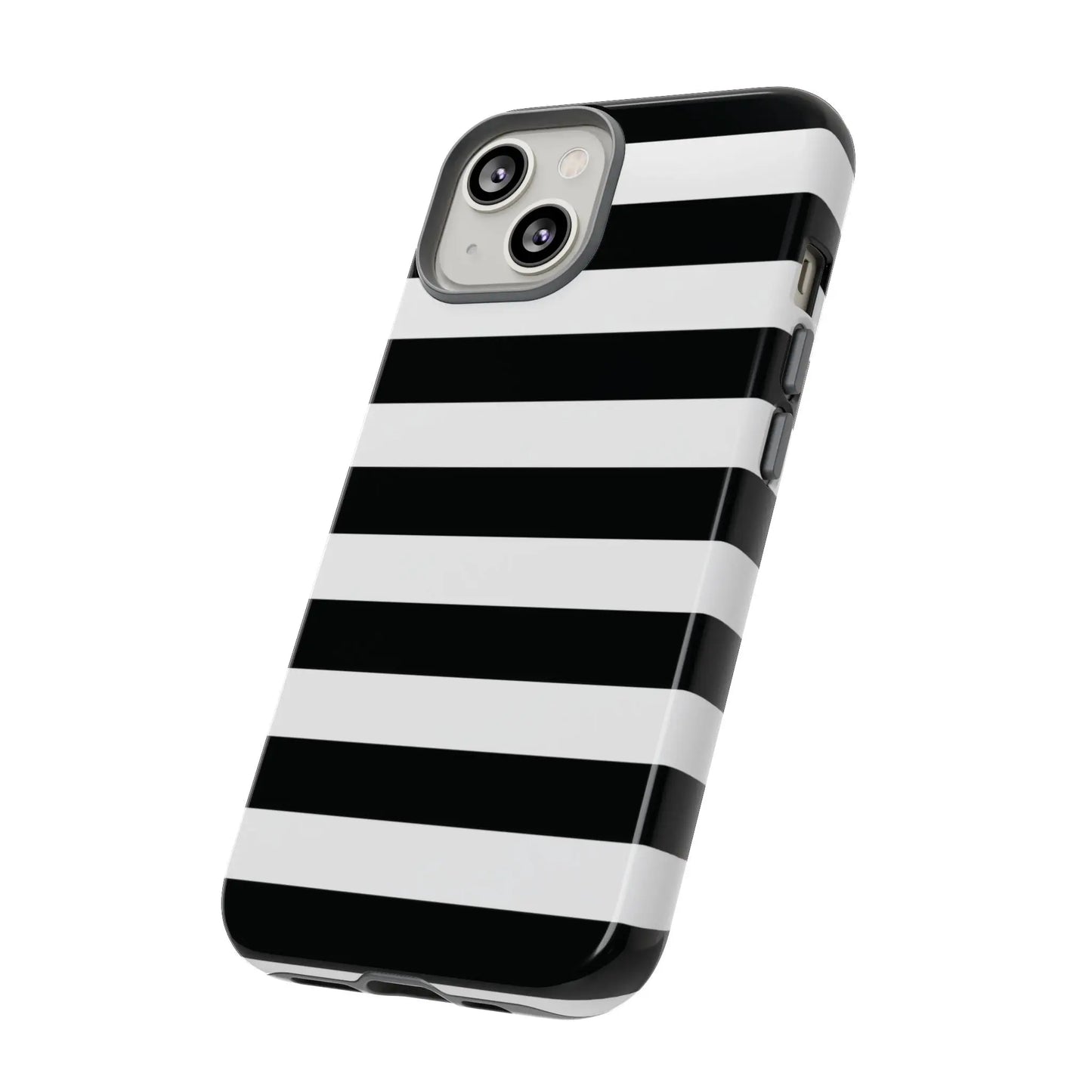 Back side of a glossy black white stripe phone case designed for iphone samsung s and google pixel phones