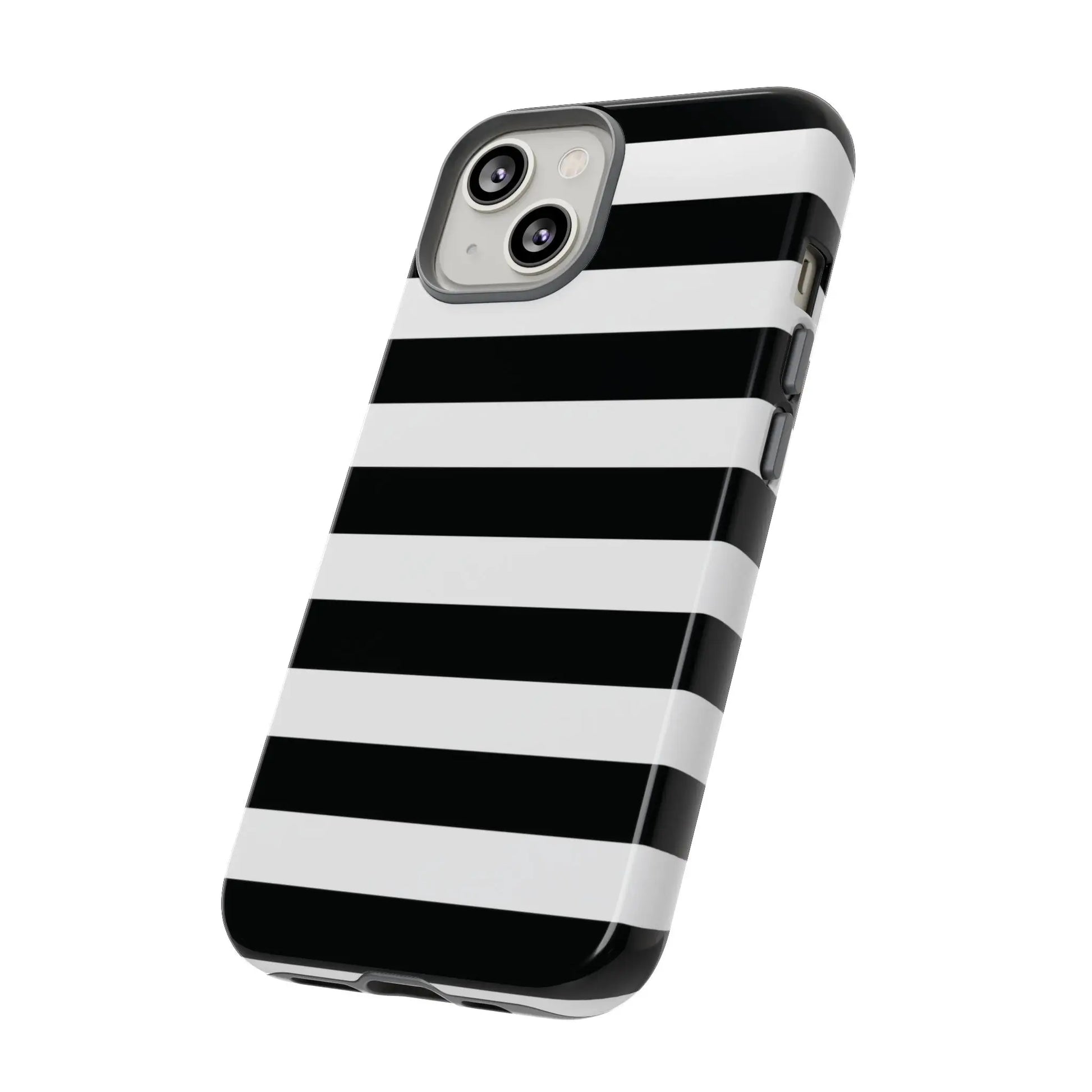 Back side of a glossy black white stripe phone case designed for iphone samsung s and google pixel phones
