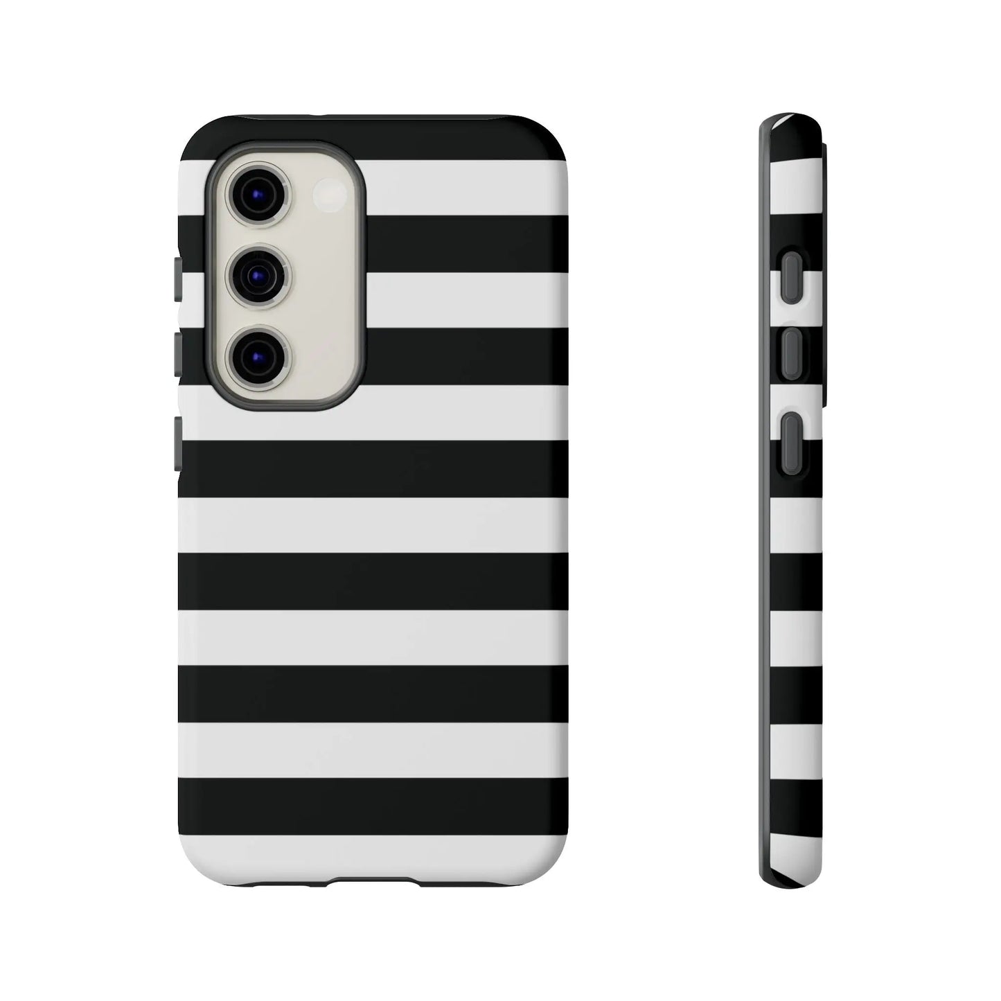 Black white stripe phone case with sleek modern design shown from the back for iphone samsung s and google pixel phones