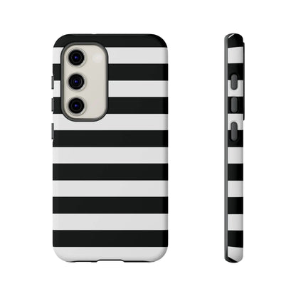 Black white stripe phone case with sleek modern design shown from the back for iphone samsung s and google pixel phones