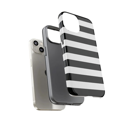 Black white stripe phone case with glossy finish shown from the back for iphone samsung s google pixel phones