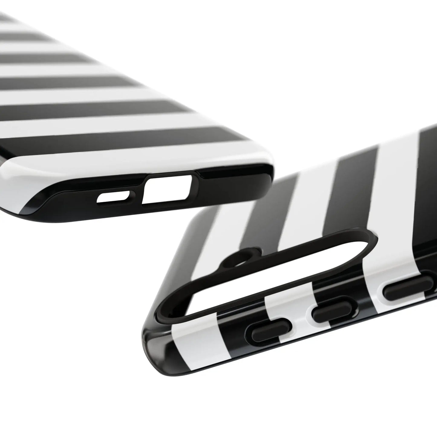 Black white stripe glossy phone case shown from the back for iPhone Samsung s and Google Pixel phones