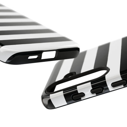 Black white stripe glossy phone case shown from the back for iPhone Samsung s and Google Pixel phones