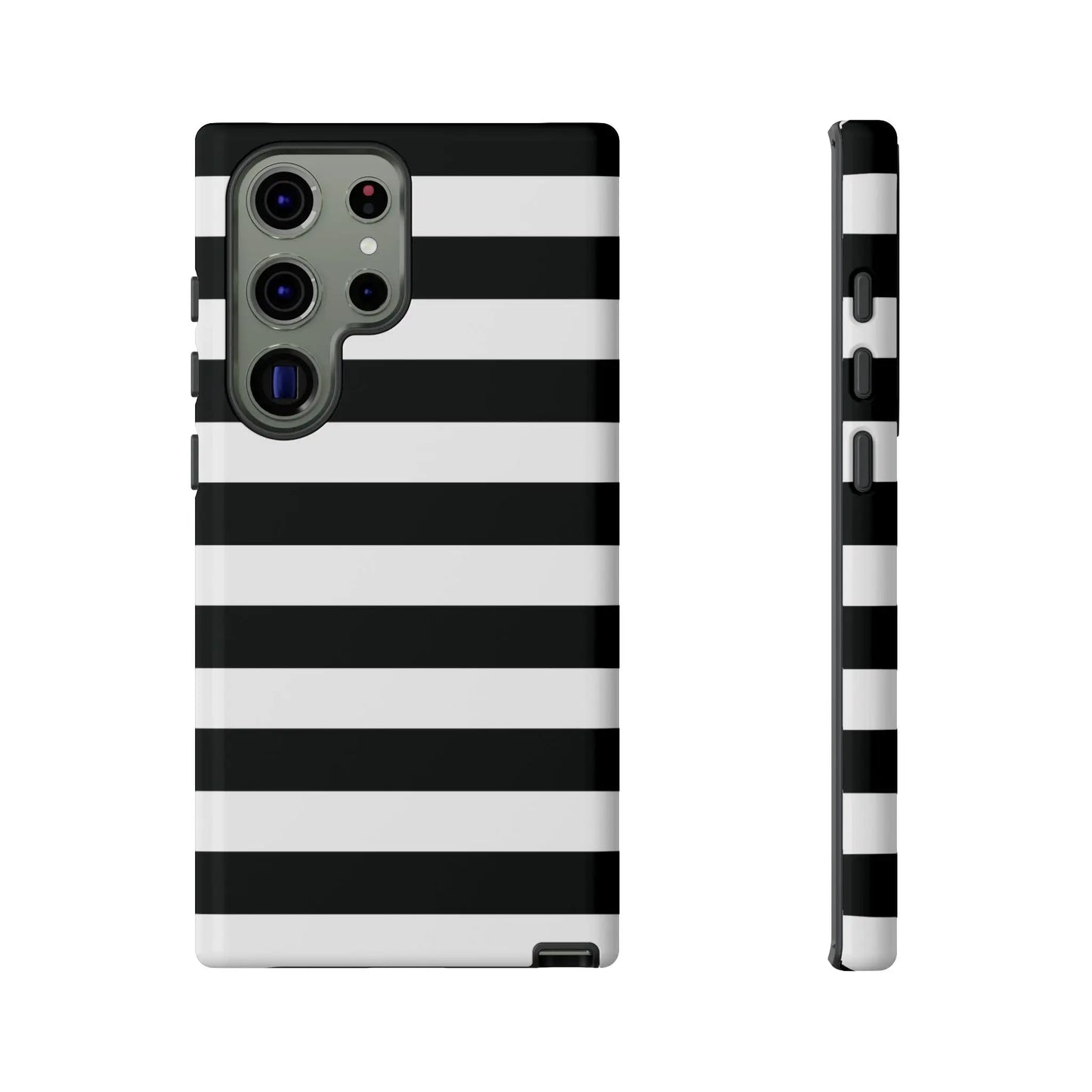 Black white stripe phone case with bold horizontal stripes shown from the back for iphone samsung and google pixel phones
