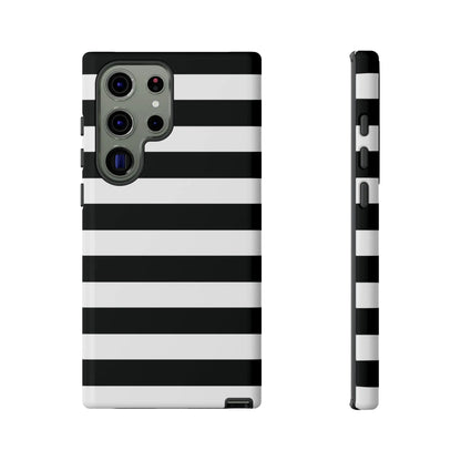 Black white stripe phone case with bold horizontal stripes shown from the back for iphone samsung and google pixel phones
