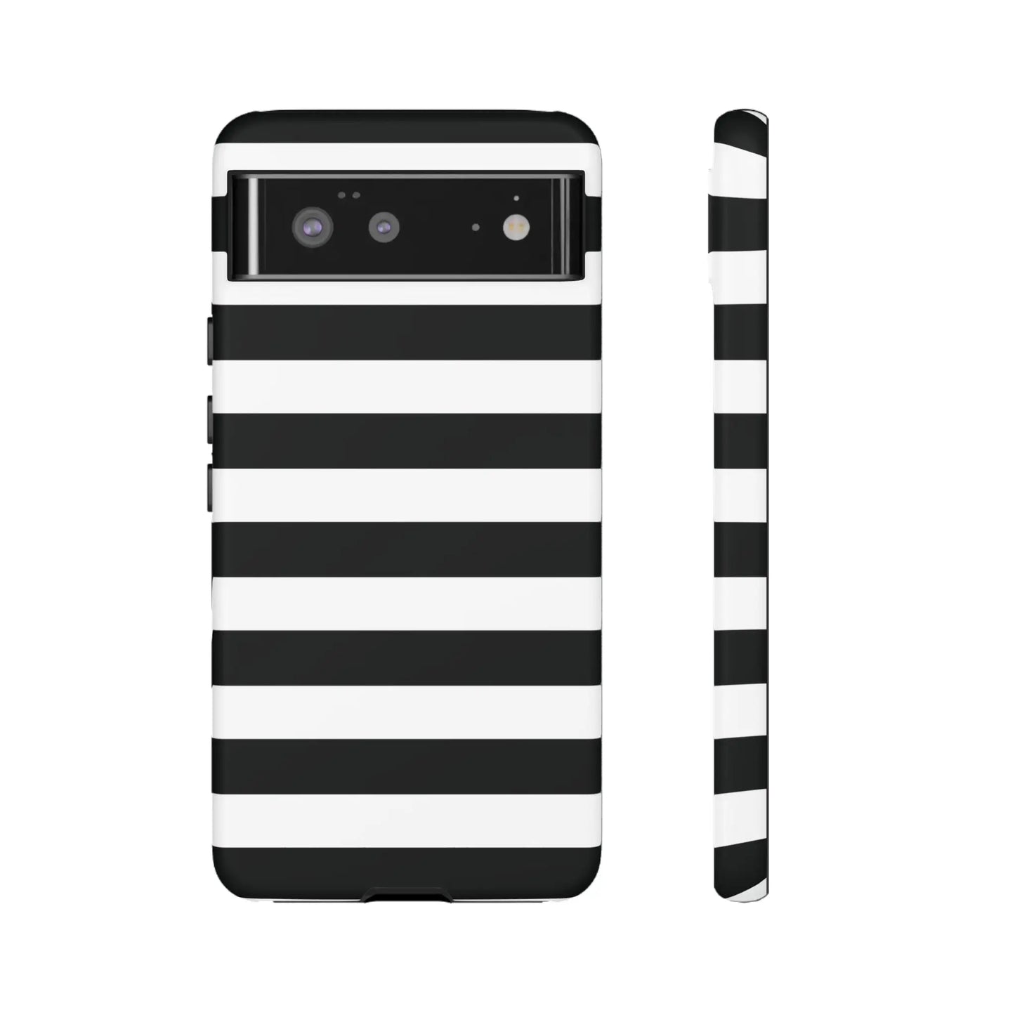 Black white stripe phone case with bold horizontal stripes shown from the back for iphone samsung and google pixel phones