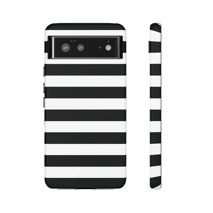 Black white stripe phone case with bold horizontal stripes shown from the back for iphone samsung and google pixel phones