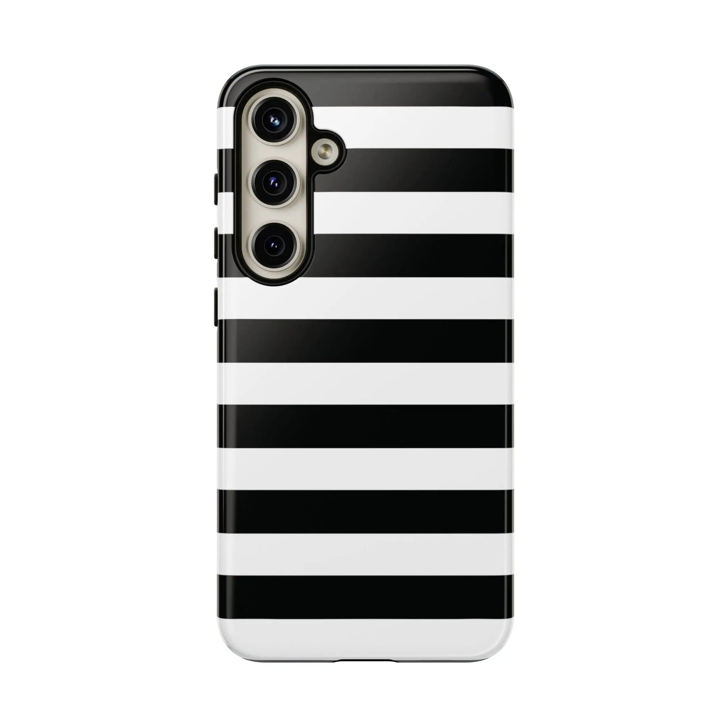 Black white stripe phone case for iphone samsung and google pixel with sleek glossy finish shown from the back side