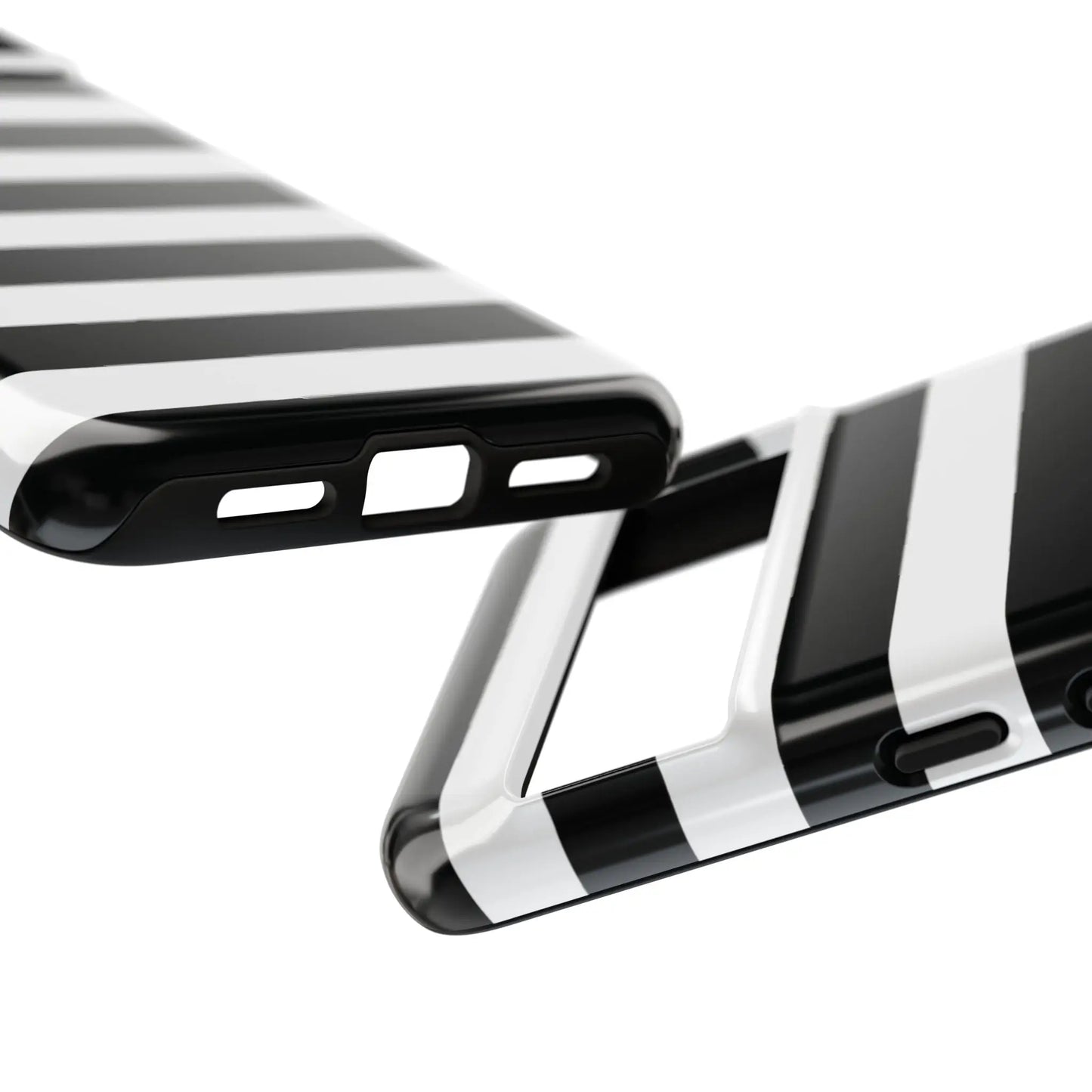Back side of a black white stripe phone case with glossy finish for iphone samsung s and google pixel phones