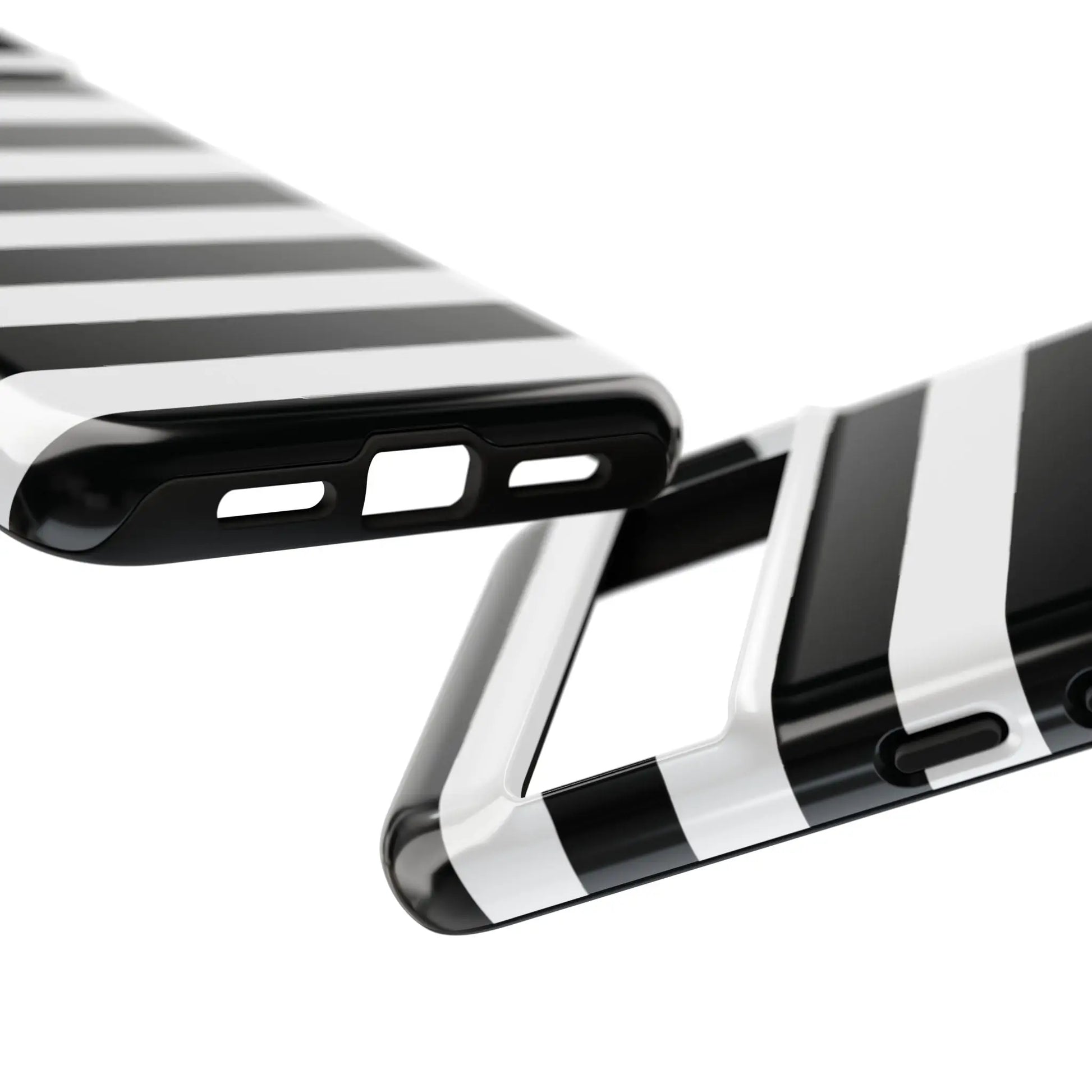 Back side of a black white stripe phone case with glossy finish for iphone samsung s and google pixel phones