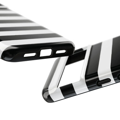 Back side of a black white stripe phone case with glossy finish for iphone samsung s and google pixel phones