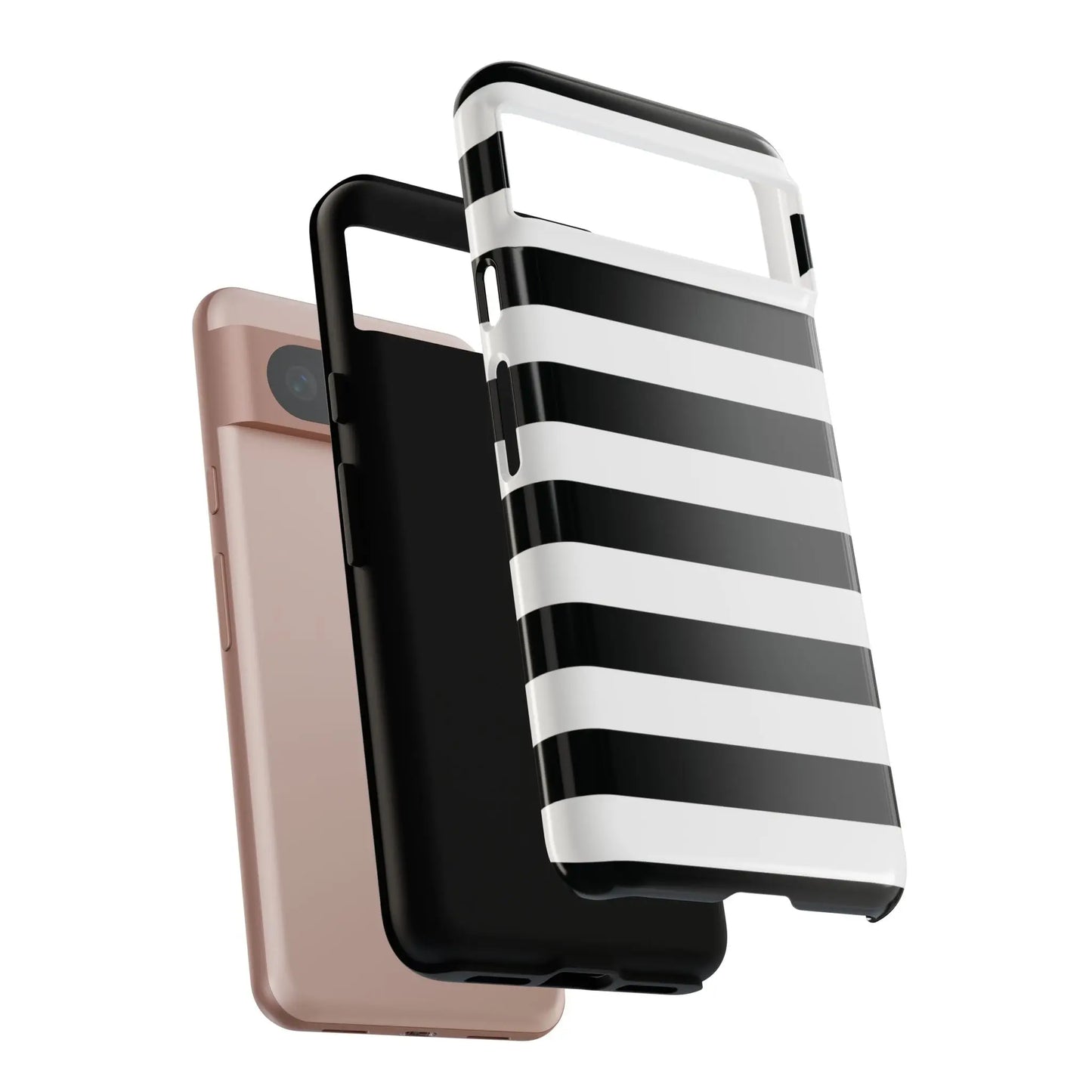 Black white stripe phone case with sleek modern design shown from the back for iPhone Samsung S and Google Pixel phones