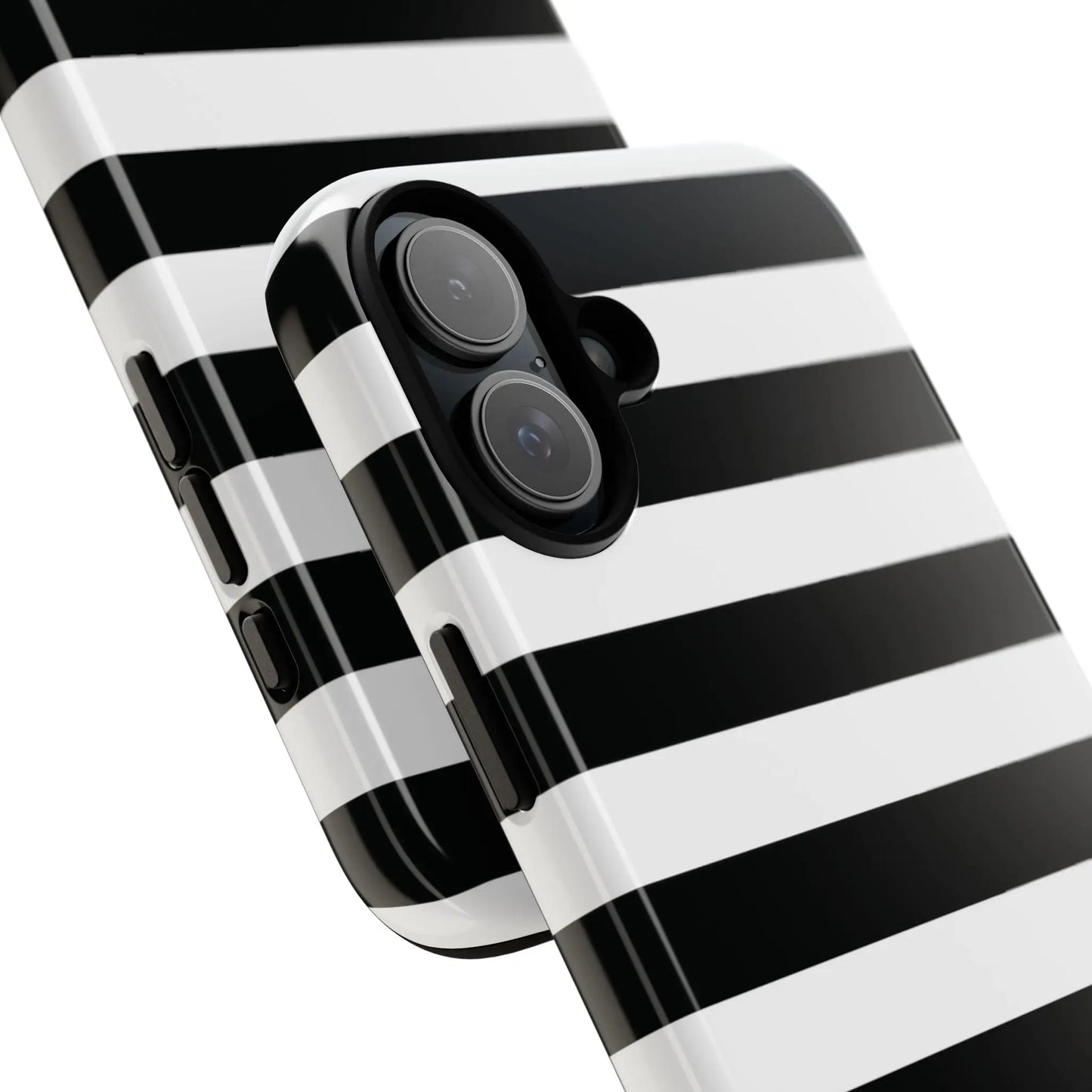 Back side of a black white stripe phone case with glossy finish for iphone samsung s and google pixel phones