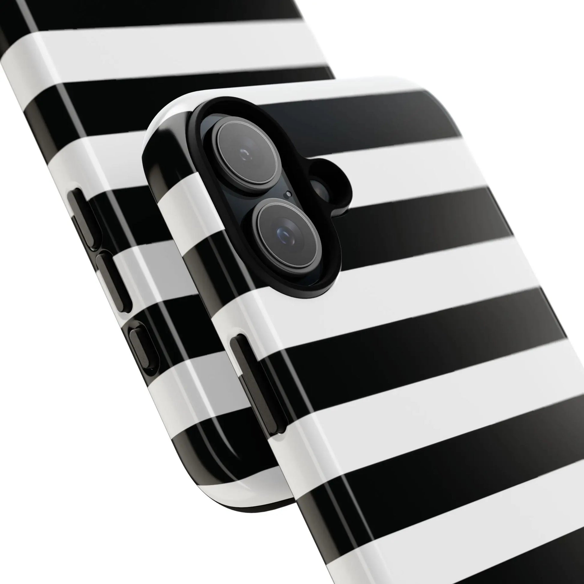 Back side of a black white stripe phone case with glossy finish for iphone samsung s and google pixel phones