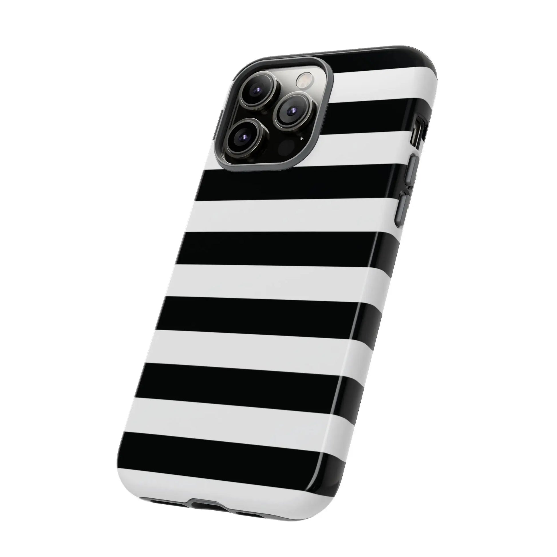 Black white stripe phone case with glossy finish shown from the back for iphone samsung s google pixel phones