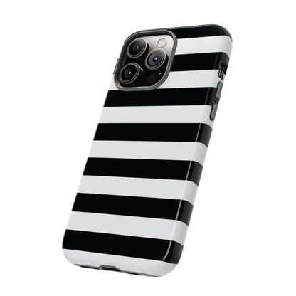 Black white stripe phone case with glossy finish shown from the back for iphone samsung s google pixel phones