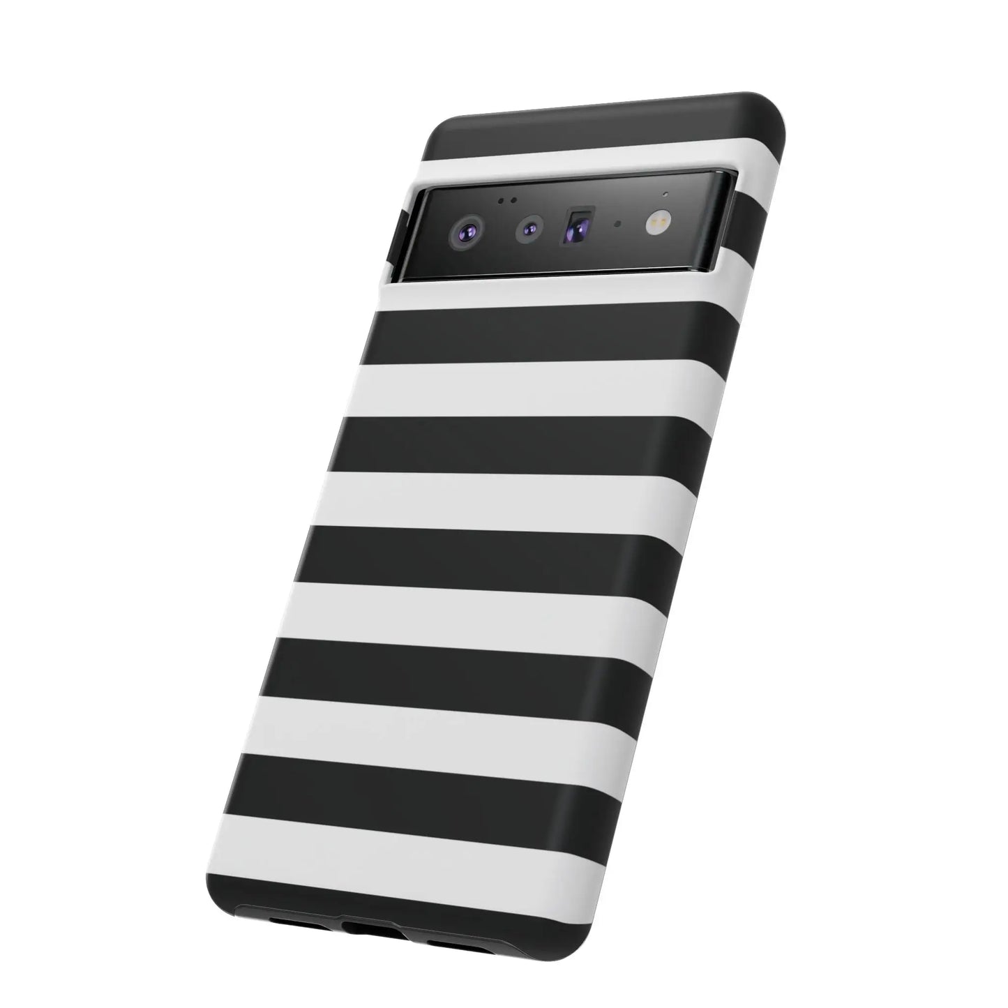 Back side of a sleek black white stripe phone case with modern horizontal stripes for iphone samsung and google pixel phones