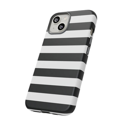 Black white stripe phone case with sleek modern design shown from the back for iphone samsung s google pixel phones