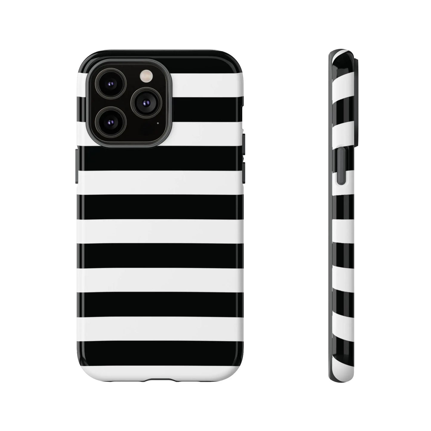 Black white stripe phone case with bold horizontal stripes shown from the back for iphone samsung and google pixel phones