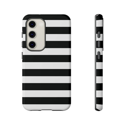 Black white stripe phone case for iphone samsung and google pixel showing the back side with modern design