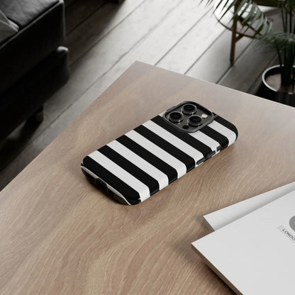 Black white stripe phone case with bold horizontal stripes on back side designed for iphone triple lens camera