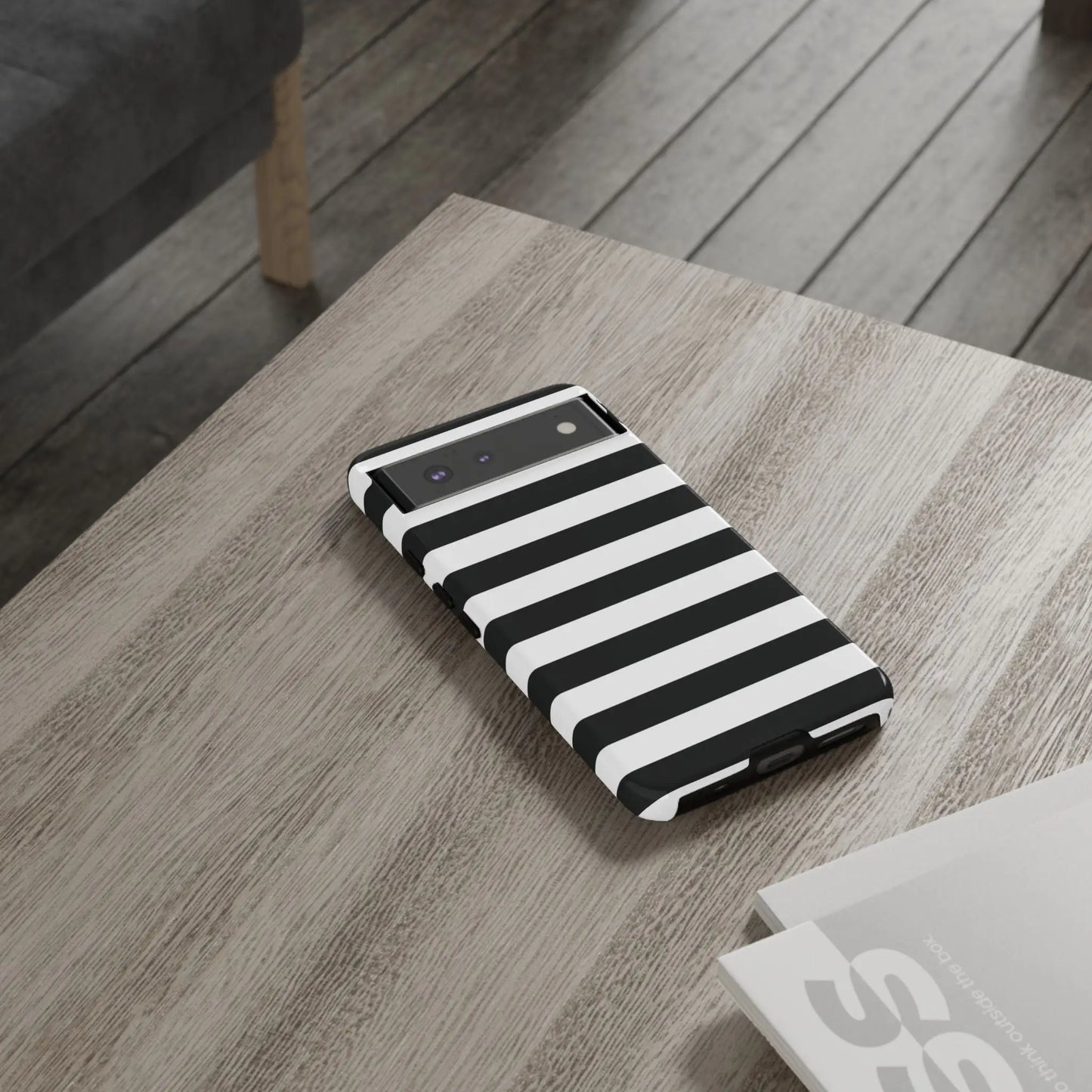 Black white stripe phone case with sleek modern design shown from back for iphone samsung pixel phones