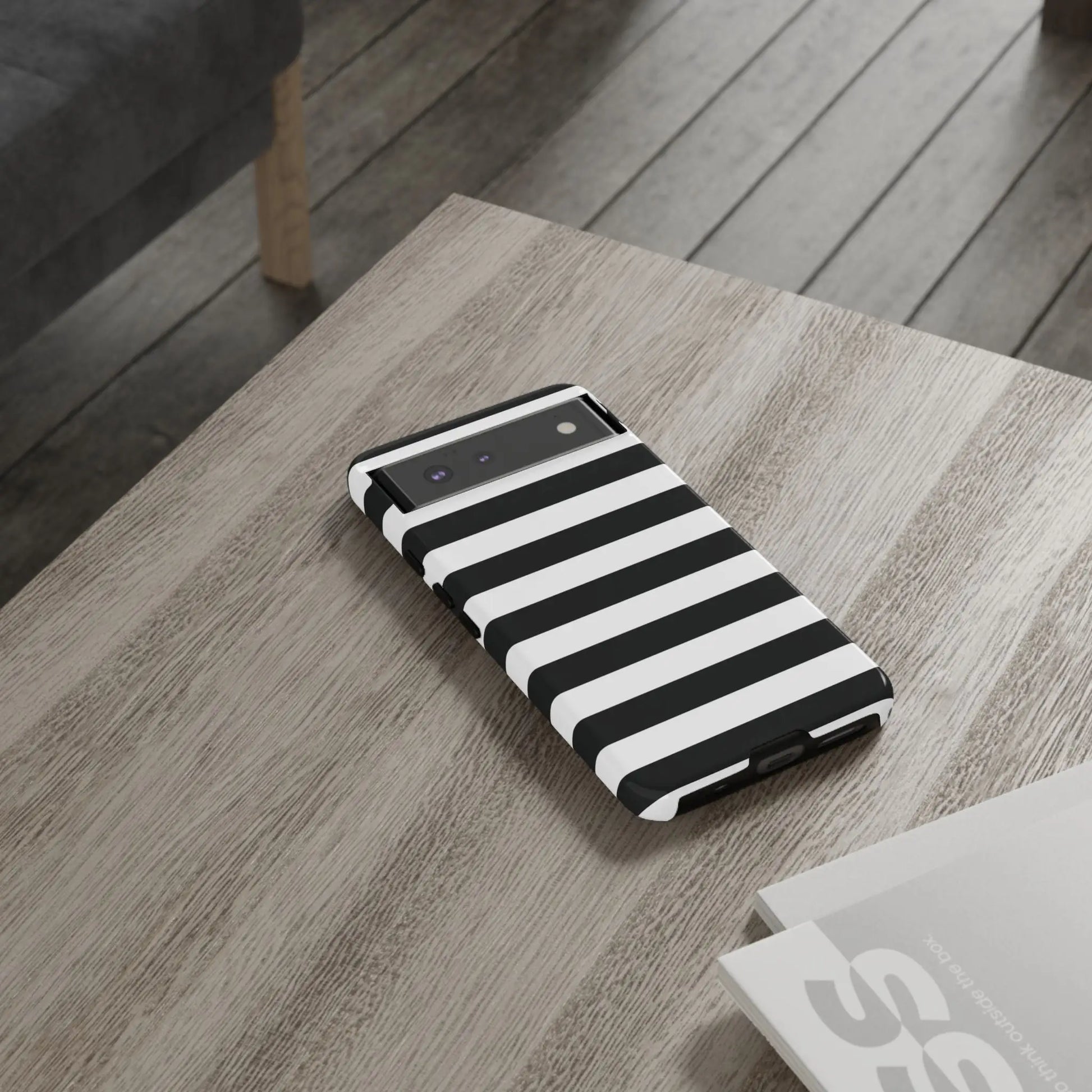 Black white stripe phone case with sleek modern design shown from back for iphone samsung pixel phones