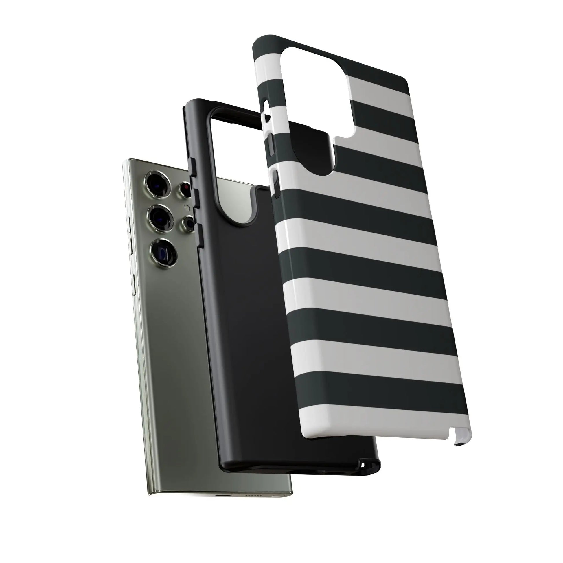 Black white stripe phone case for iPhone Samsung and Google Pixel phones showing back with sleek modern design