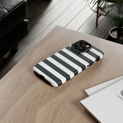 Black white stripe phone case with sleek modern design shown from the back for iphone samsung s and google pixel phones