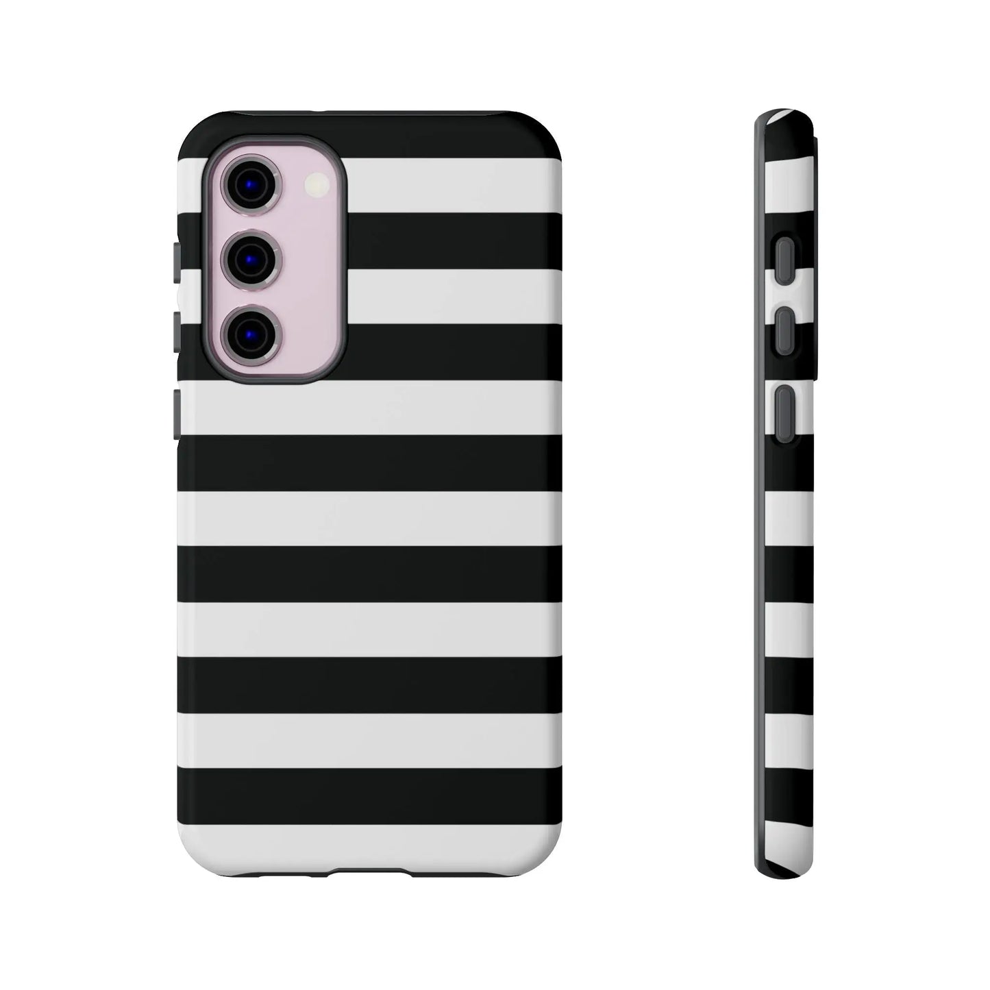 Black white stripe phone case for iphone samsung and google pixel phones showing back side with sleek modern design