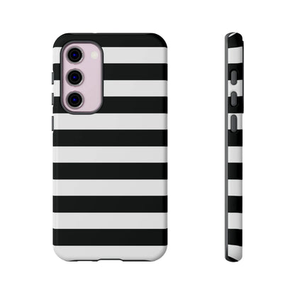 Black white stripe phone case for iphone samsung and google pixel phones showing back side with sleek modern design