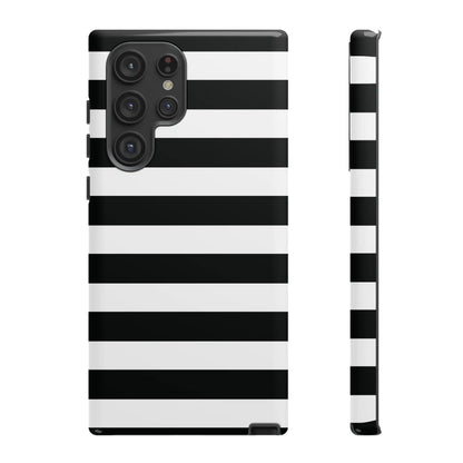 Black white stripe phone case with sleek modern design shown from the back for iphone samsung s and google pixel phones