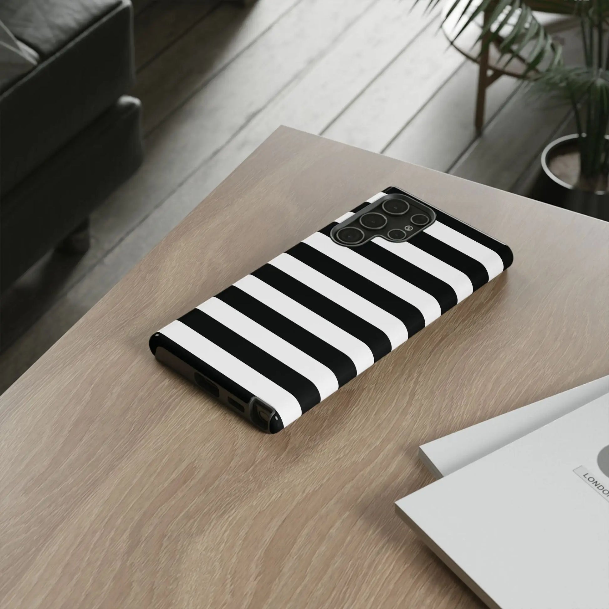 Black white stripe phone case with sleek modern design shown from the back for iphone samsung and google pixel phones